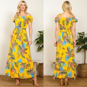 NEW WOMENS ARRIVAL MUSTARD YELLOW FLORAL SPAGHETTI RIBBON STRAP MAXI DRESS